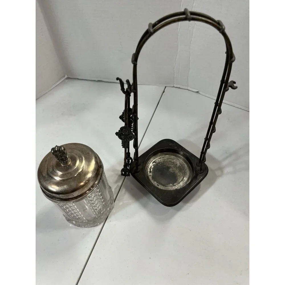 Meridan Silver Plate Co Quadrupleplate Victorian Glass Pickle Castor Jar & Tongs